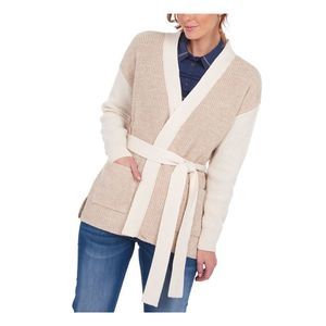 BARBOUR Womens Beige Wool Blend Tie Cardigan Color Block Jacket L